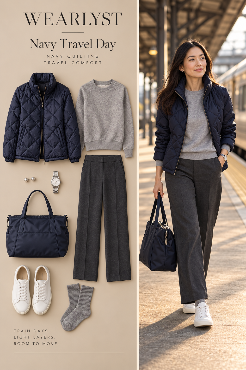 Navy quilted funnel-neck jacket with gray sweatshirt, charcoal ponte trousers, and white sneakers