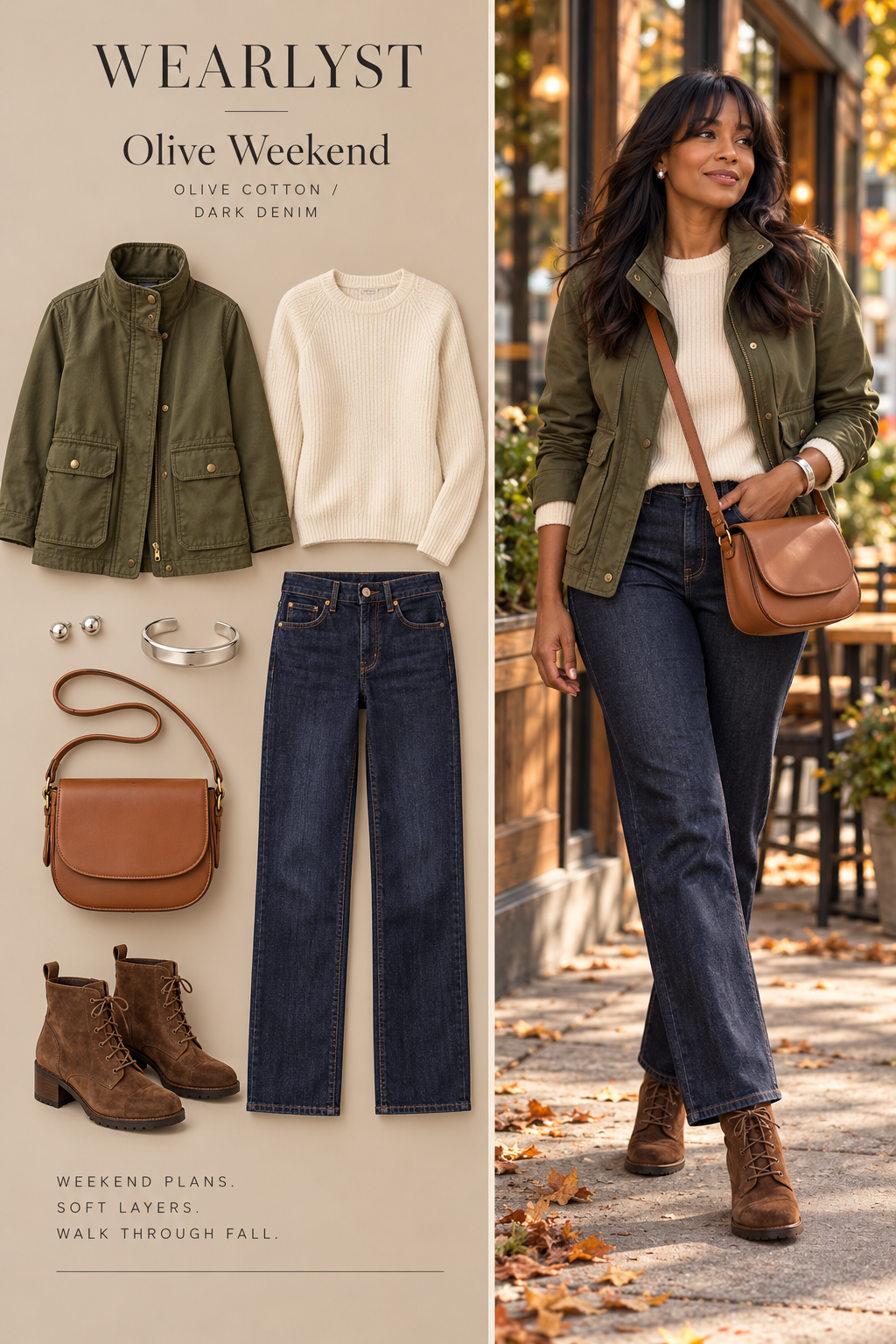 Olive funnel-neck utility jacket with cream sweater, dark jeans, brown suede boots, and tan crossbody