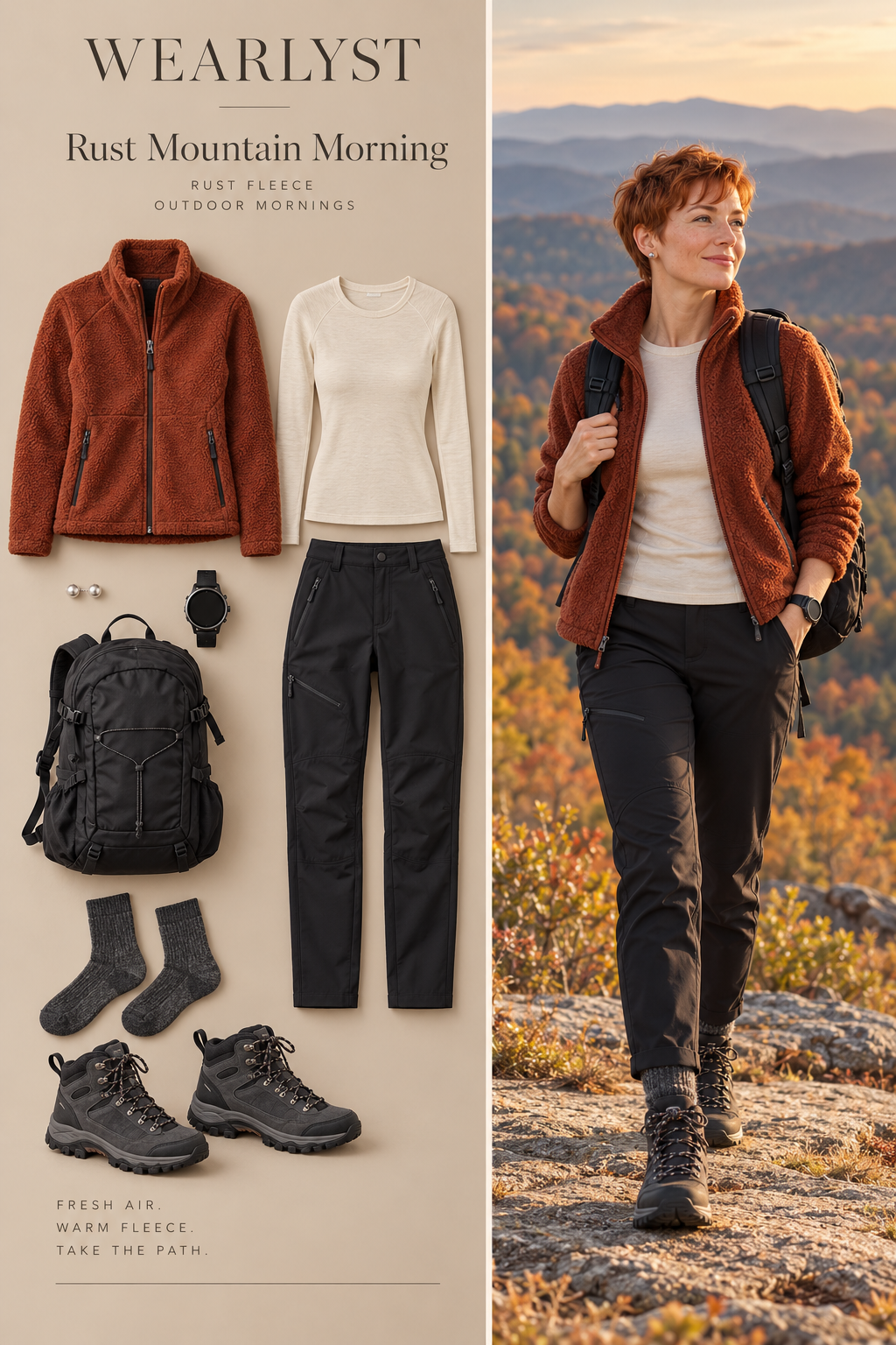 Rust funnel-neck fleece with ivory merino top, black hiking trousers, wool socks, and gray hiking boots