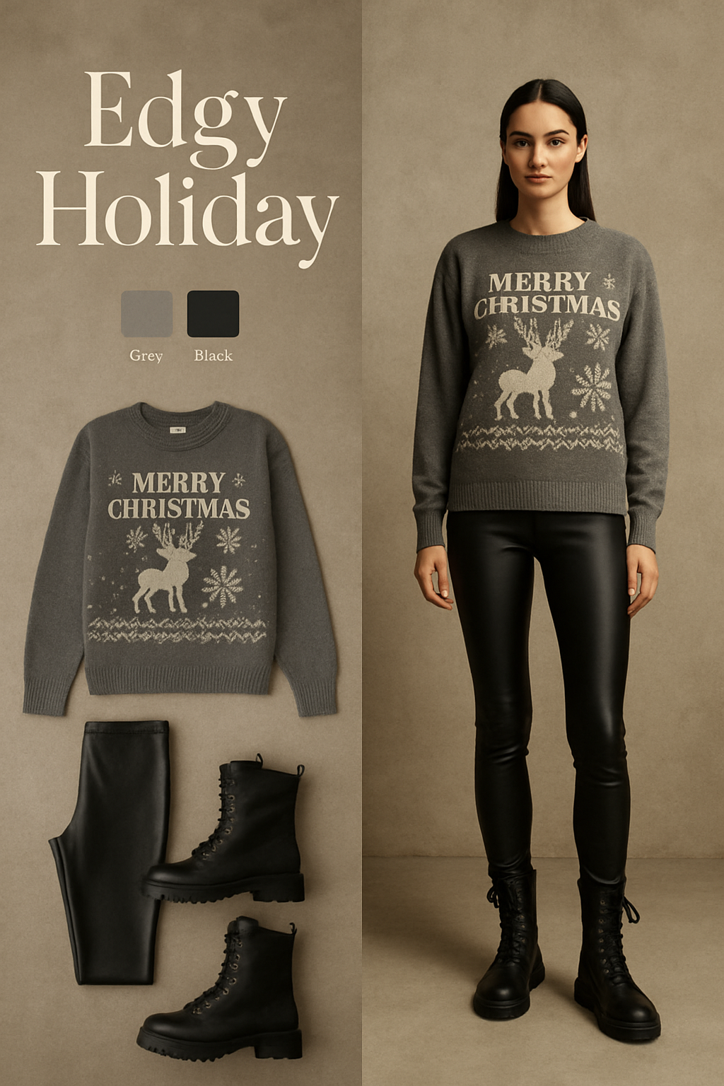 Grey graphic Christmas sweater with faux leather leggings and combat boots