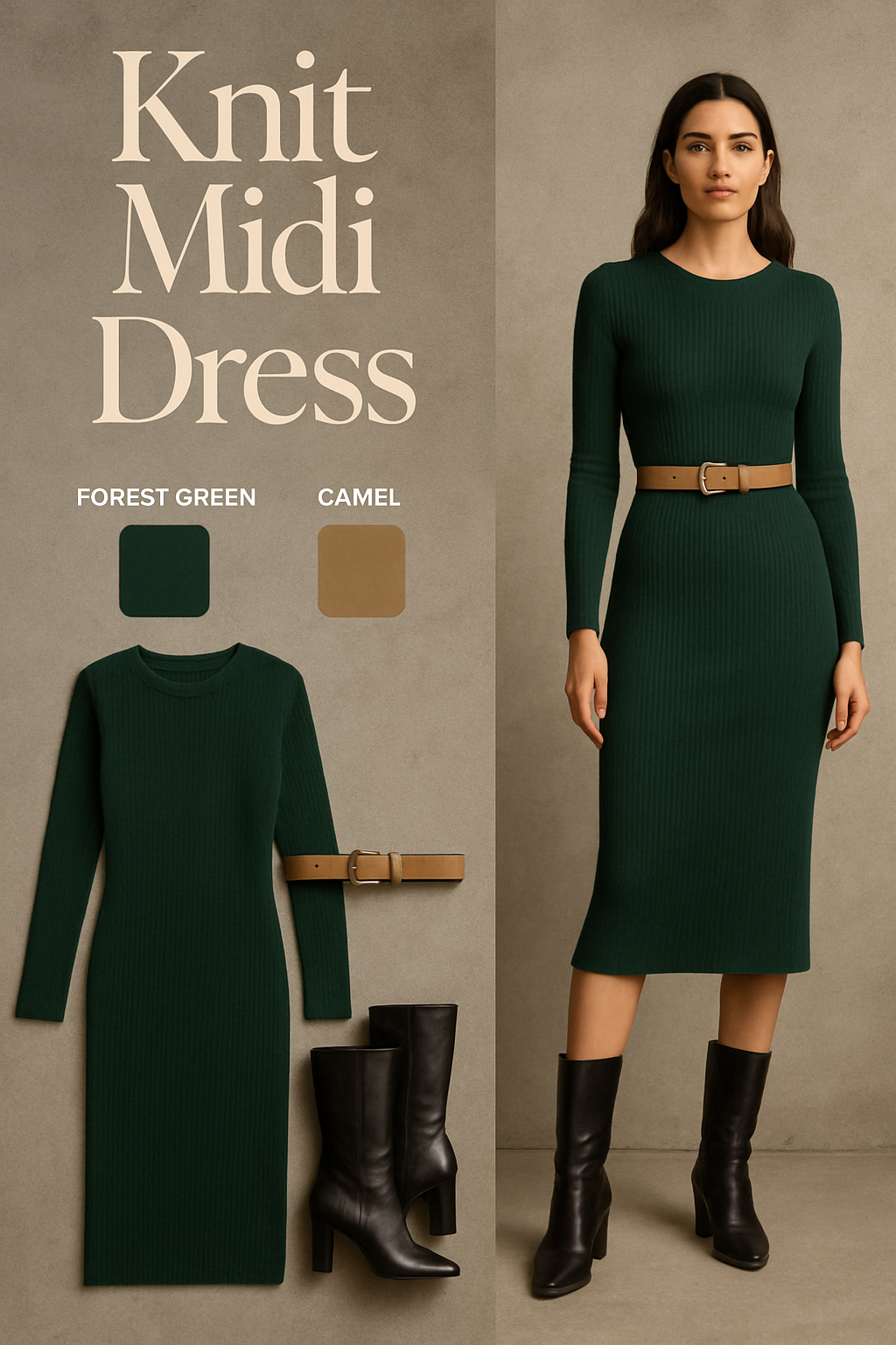 Forest green knit midi dress with a camel belt and heeled boots
