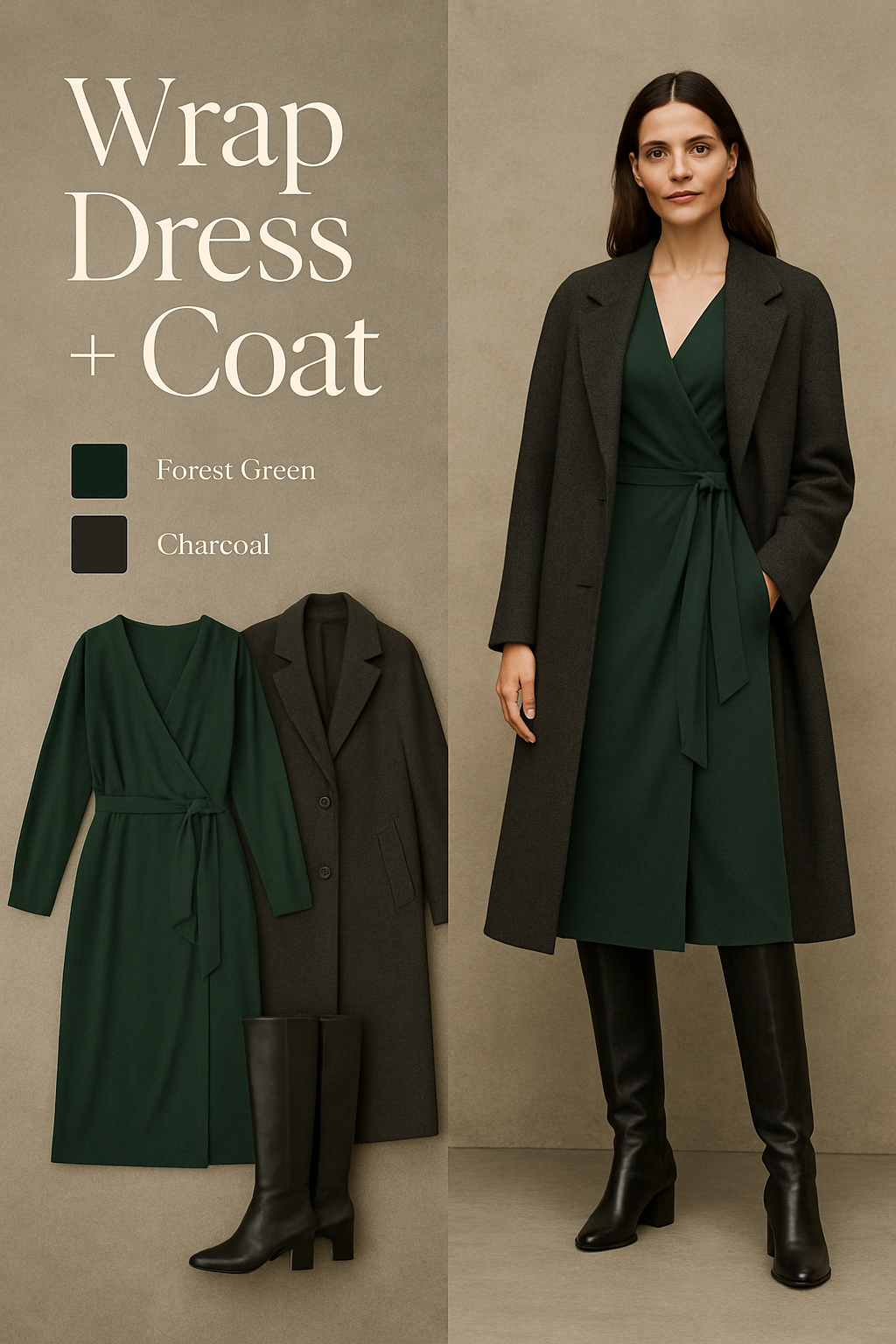 Forest green wrap midi dress with a charcoal wool coat and knee-high boots