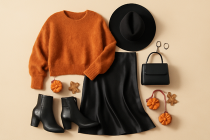 Halloween outfit ideas flat lay: burnt orange sweater, black satin skirt, black ankle boots, wide-brim hat and structured black bag with mini pumpkins