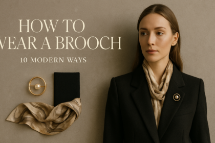 How to wear a brooch: elegant woman with a gold pearl brooch on a black blazer lapel