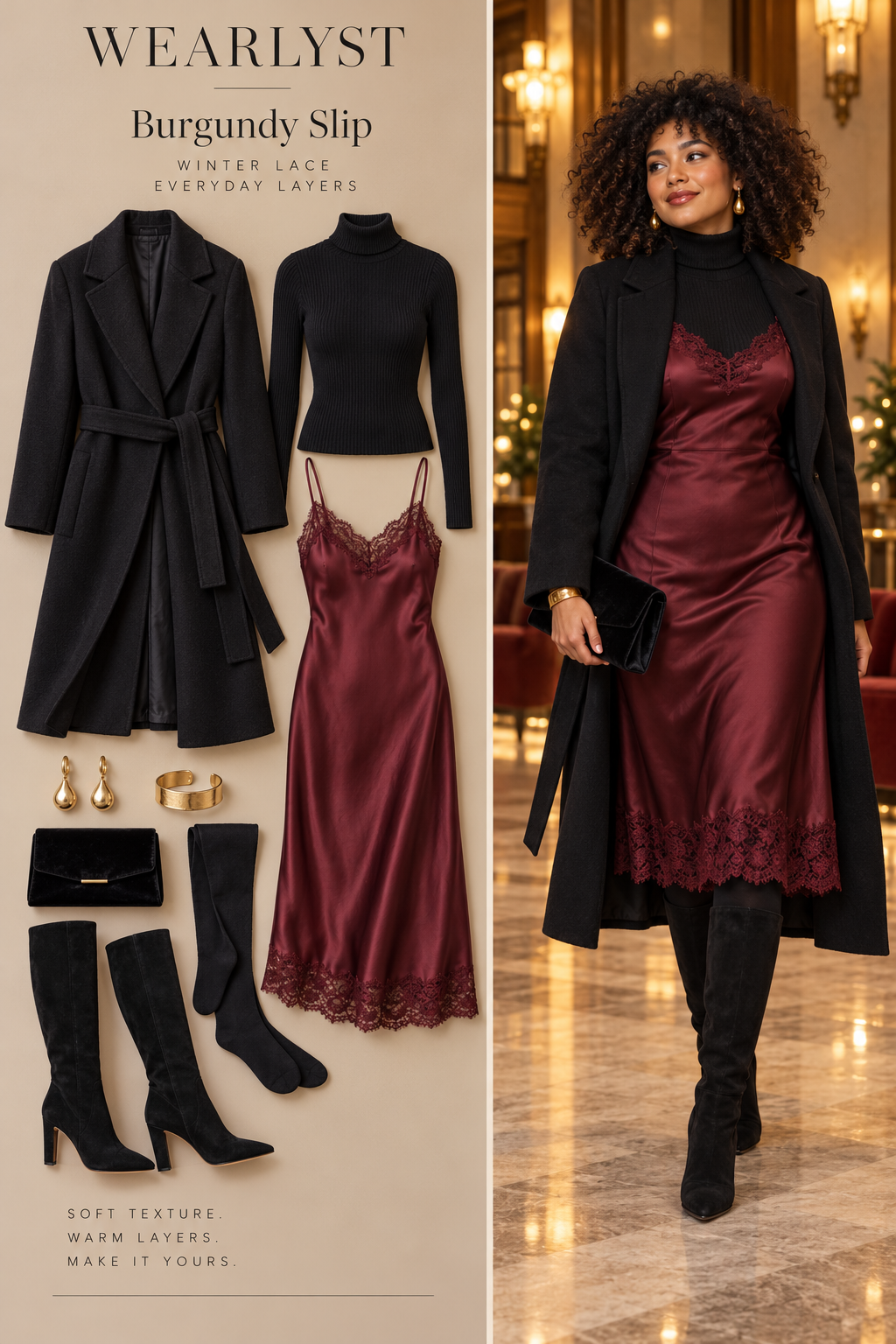 Burgundy Slip winter outfit with lace and warm layers