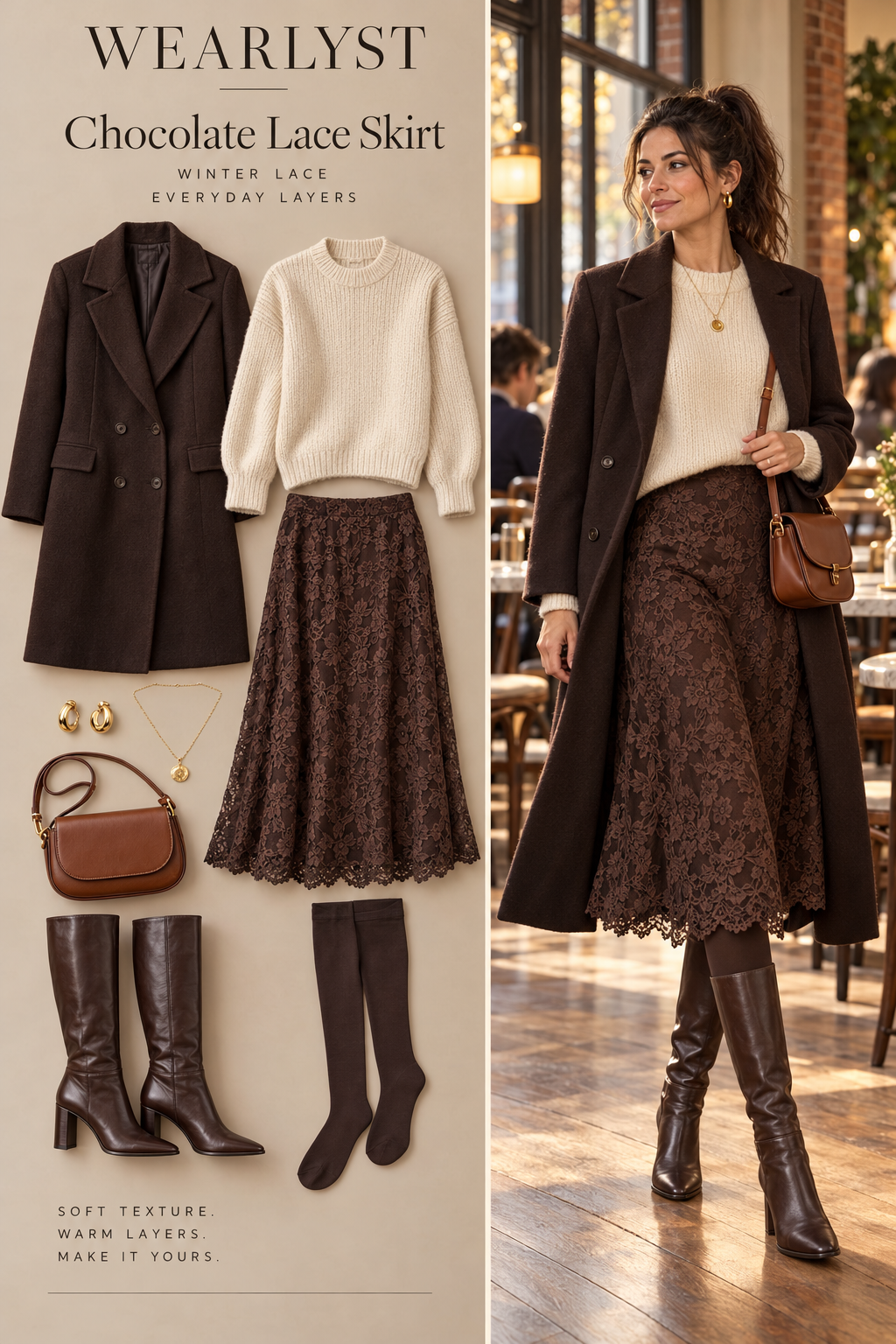 Chocolate Lace Skirt winter outfit with lace and warm layers