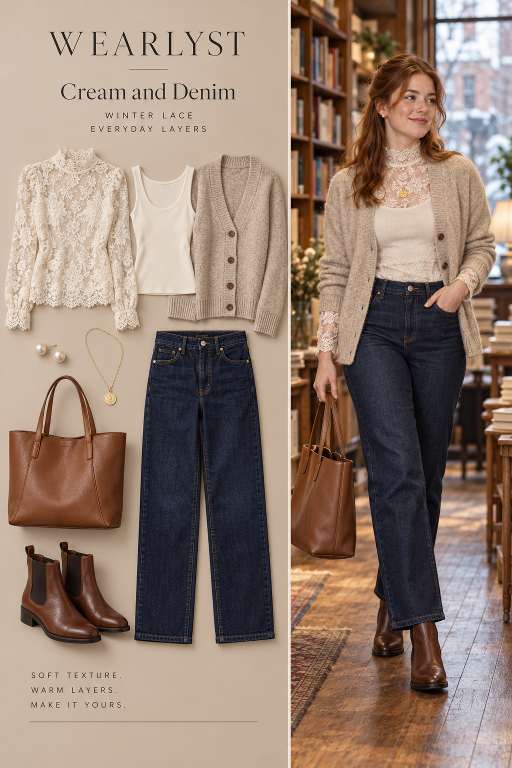 Cream and Denim winter outfit with lace and warm layers