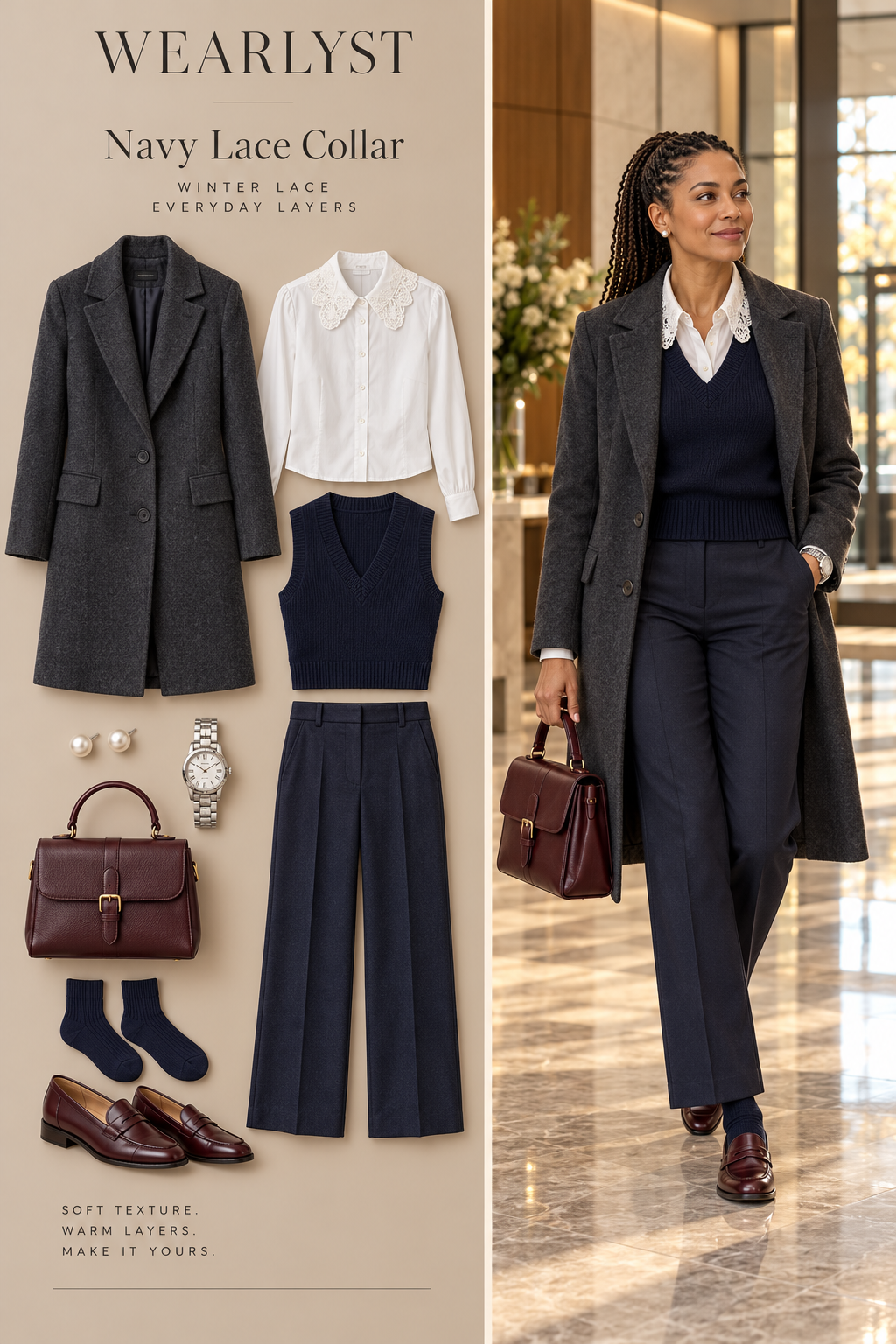 Navy Lace Collar winter outfit with lace and warm layers