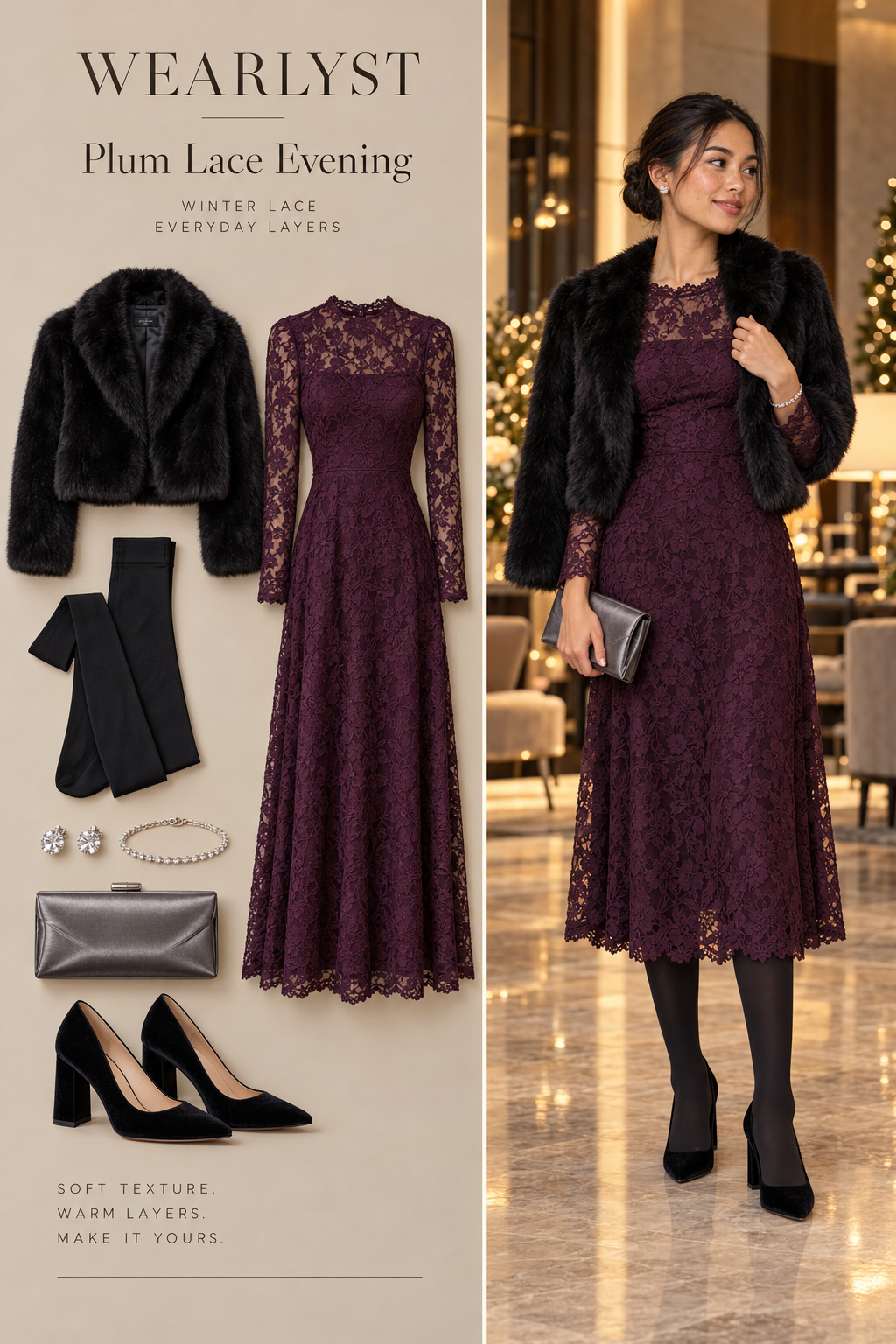 Plum Lace Evening winter outfit with lace and warm layers