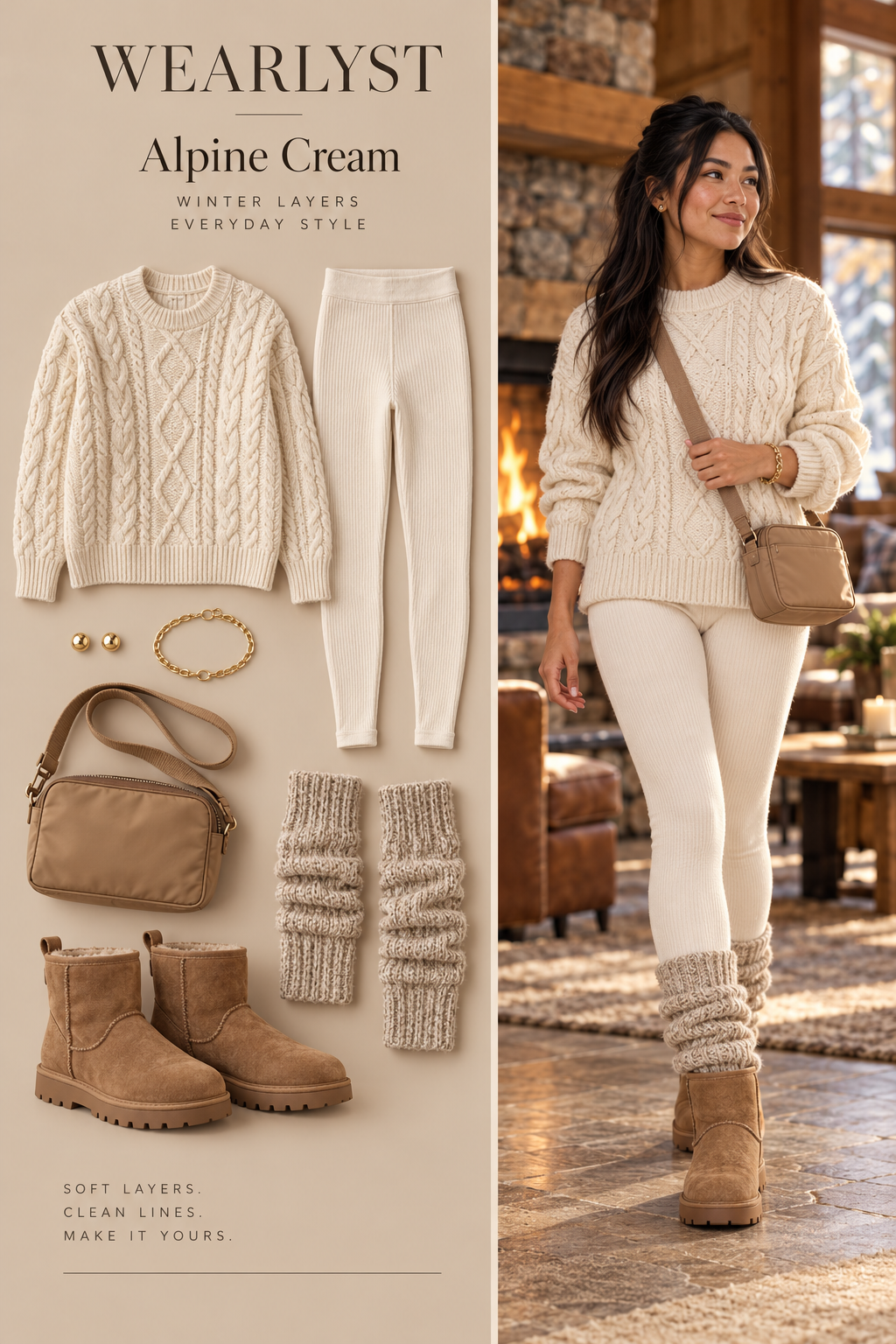 Alpine Cream outfit with knit leg warmers and coordinated winter layers
