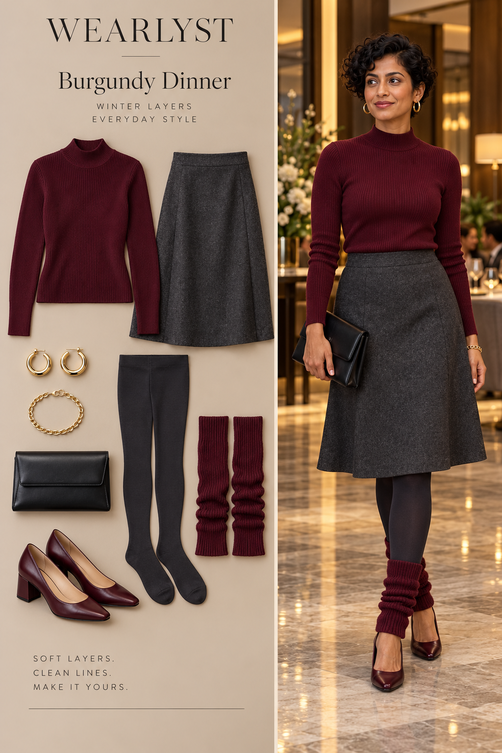 Burgundy Dinner outfit with knit leg warmers and a wool skirt and low heels