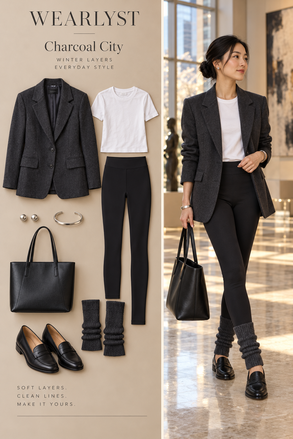 Charcoal City outfit with knit leg warmers and coordinated winter layers
