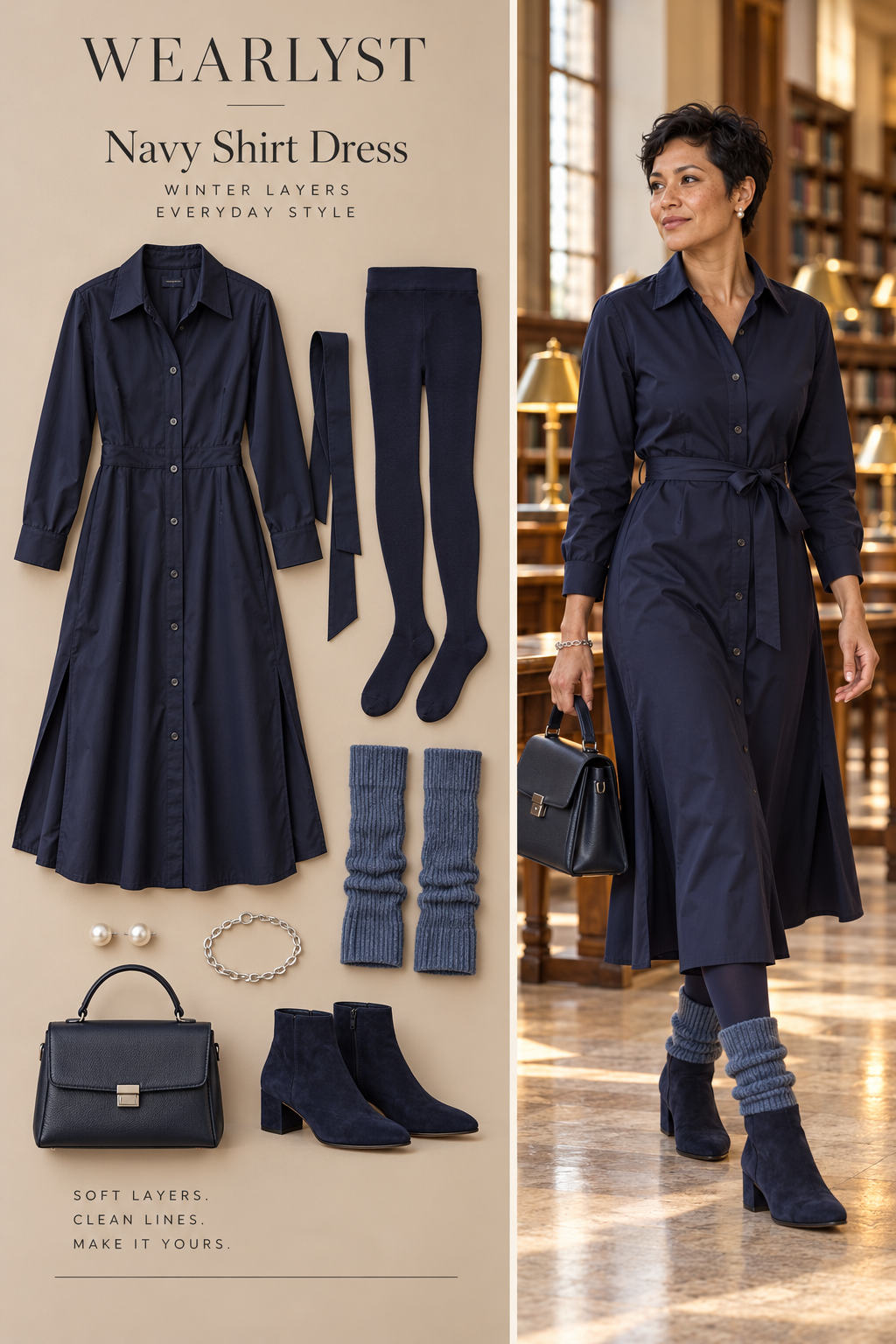 Navy Shirt Dress outfit with knit leg warmers and coordinated winter layers