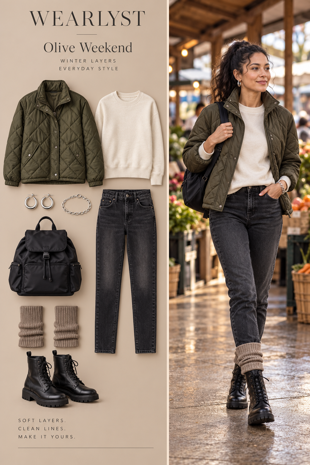 Olive Weekend outfit with knit leg warmers and coordinated winter layers