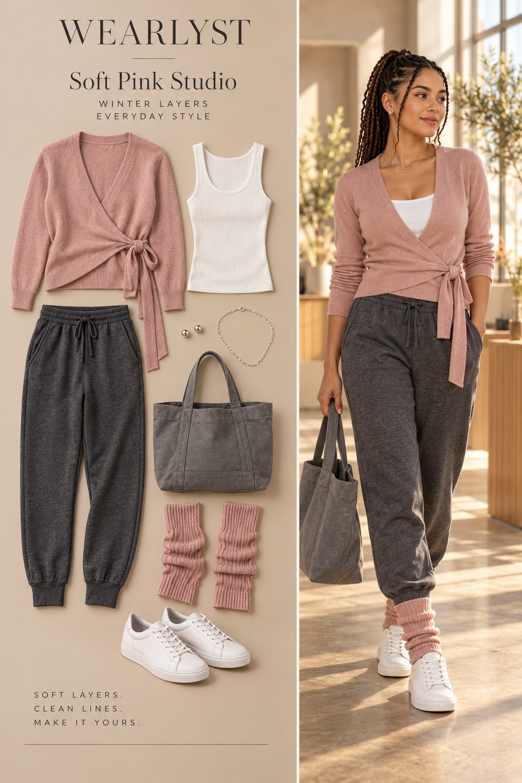 Soft Pink Studio outfit with knit leg warmers and coordinated winter layers