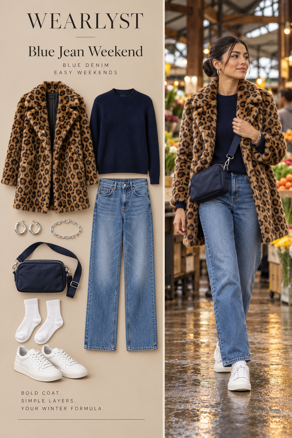 Leopard faux-fur coat with navy sweater, blue jeans, and white sneakers