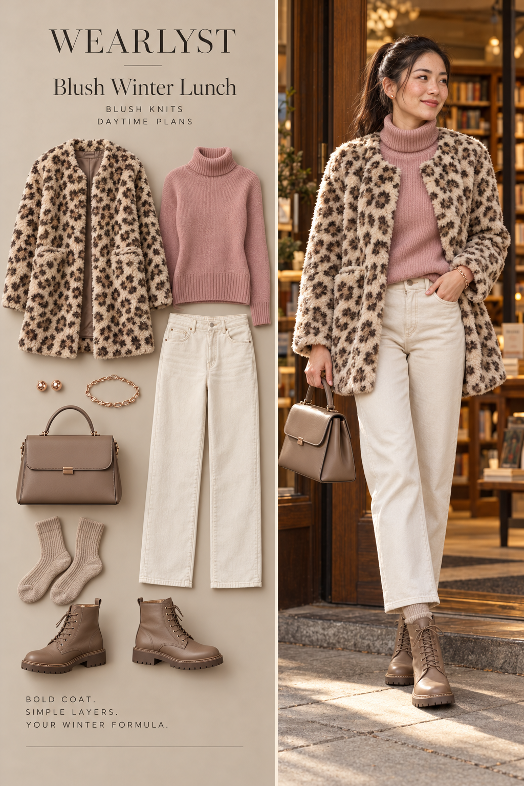 Leopard teddy coat with pink turtleneck, ecru jeans, and taupe lace-up boots
