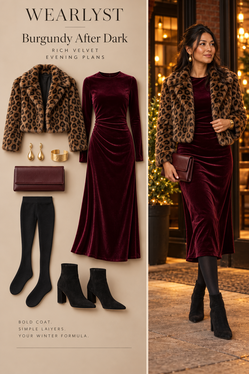 Cropped leopard jacket with burgundy velvet midi dress, black tights, and ankle boots