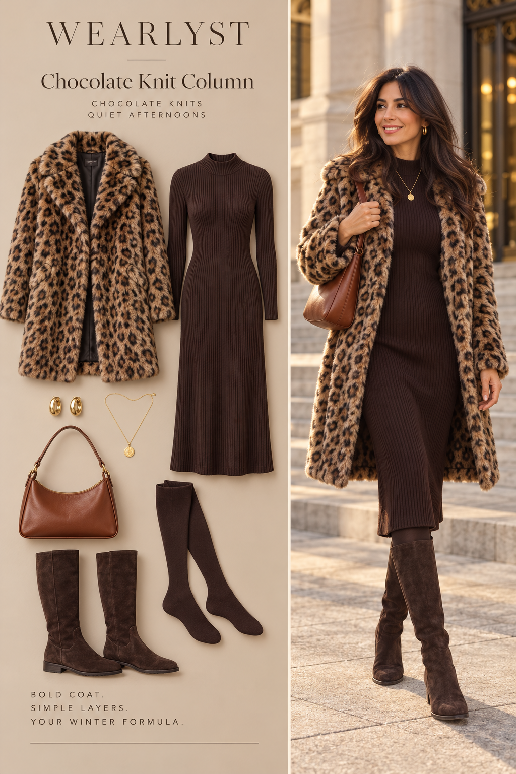Leopard faux-fur coat with chocolate sweater dress and brown knee-high boots