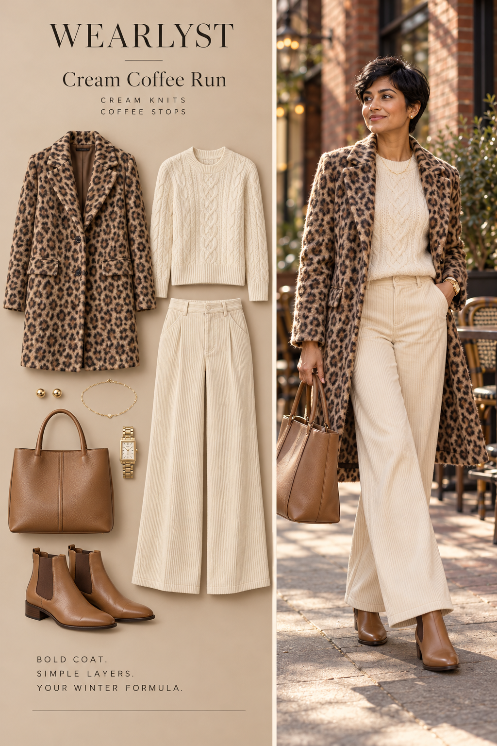 Leopard wool-blend coat with ivory cable knit, cream corduroy pants, and tan Chelsea boots