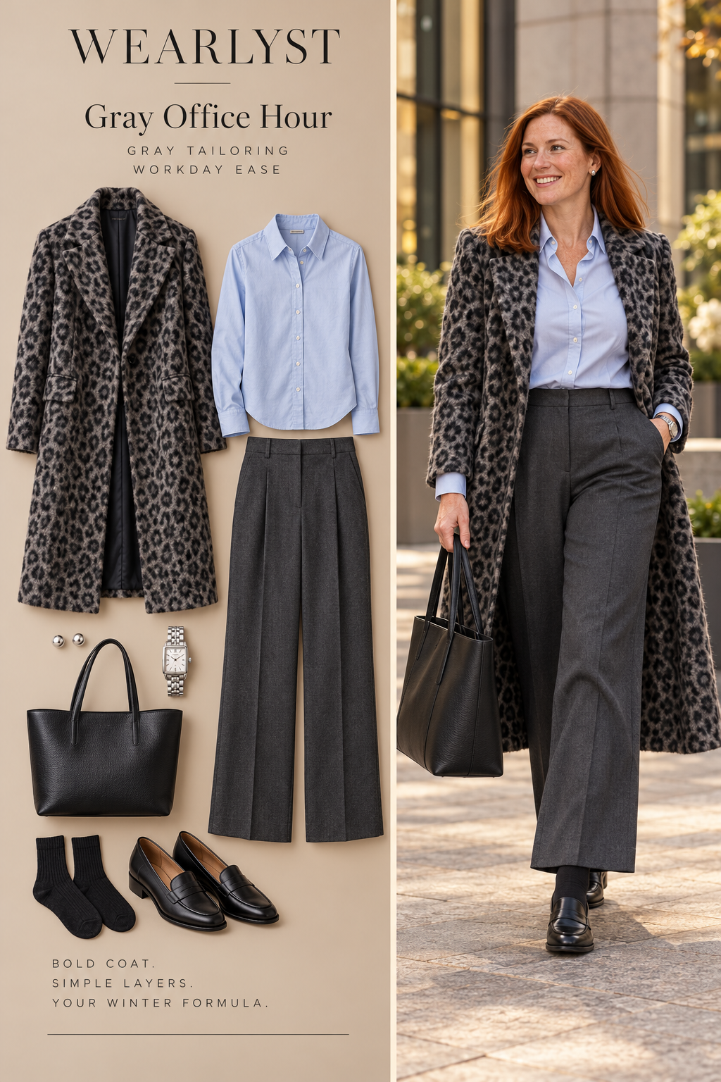 Gray leopard coat with pale-blue shirt, charcoal trousers, and black loafers