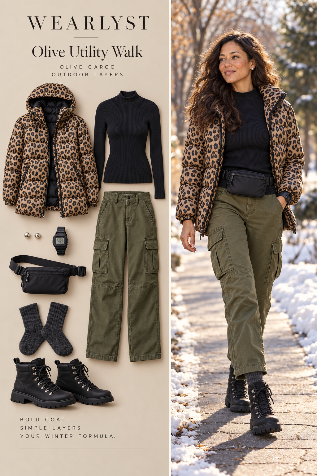 Leopard puffer with black thermal top, olive cargo pants, and waterproof boots