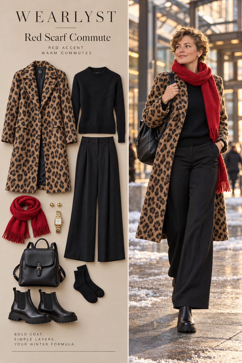 Long leopard coat with black knitwear, wide-leg trousers, red scarf, and Chelsea boots