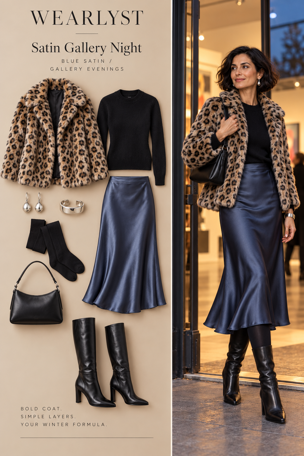 Cropped leopard coat with black sweater, blue satin midi skirt, and knee-high boots