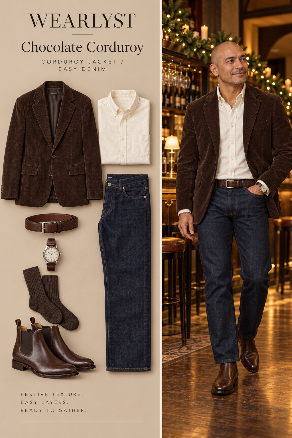 Chocolate Corduroy Christmas party outfit for men