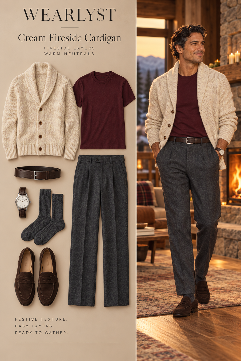 Cream Fireside Cardigan Christmas party outfit for men