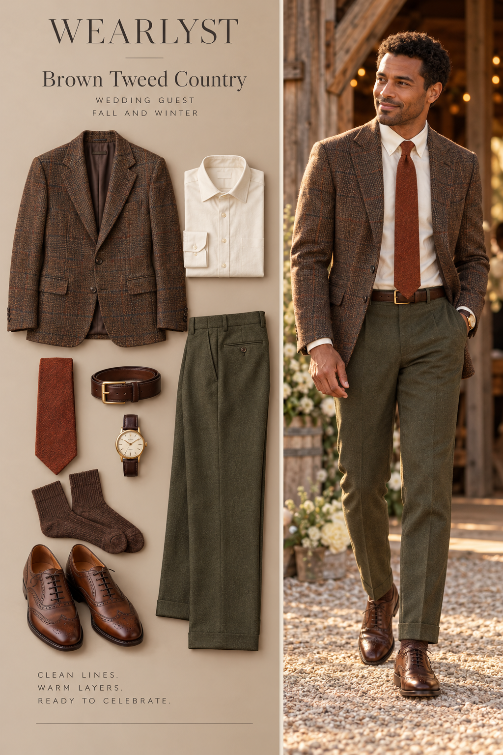 Brown Tweed Country wedding guest outfit for men