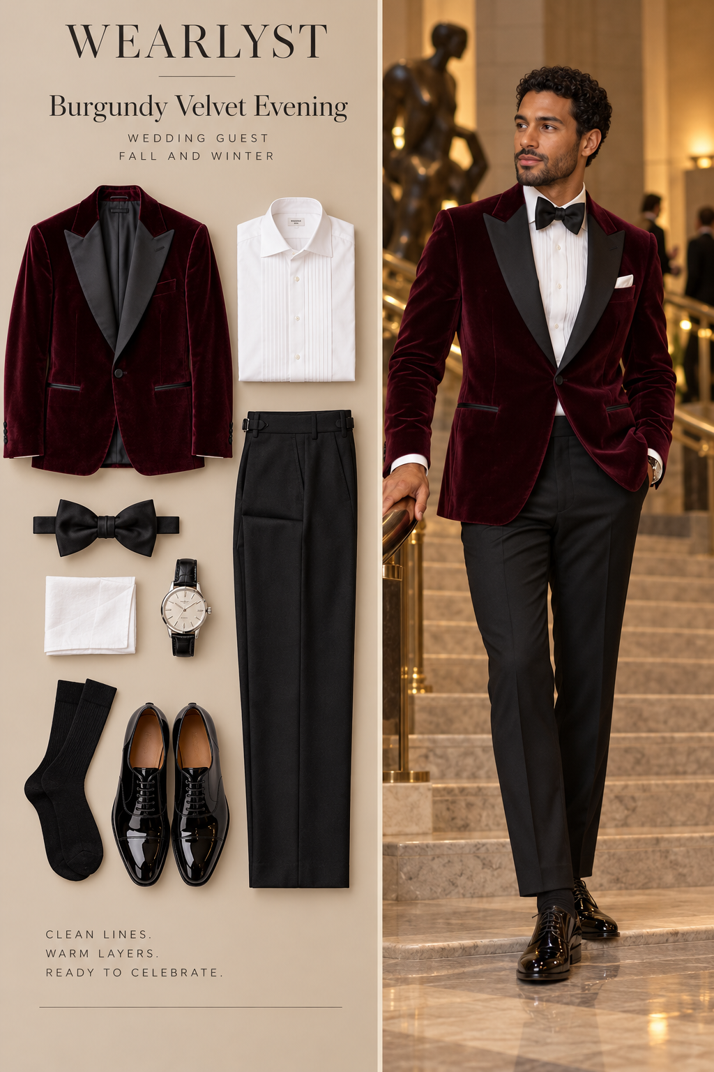 Burgundy Velvet Evening wedding guest outfit for men