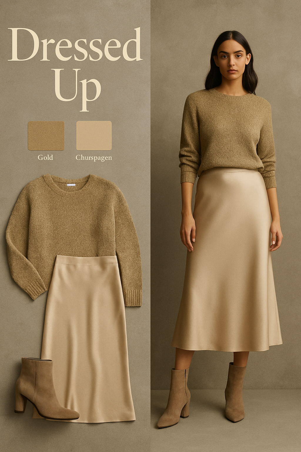 Gold metallic holiday sweater with a champagne satin midi skirt
