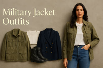 Military jacket outfits for women: olive field jacket and navy gold-button jacket with a model wearing an olive military jacket, white tee and jeans