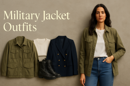 Military jacket outfits for women: olive field jacket and navy gold-button jacket with a model wearing an olive military jacket, white tee and jeans