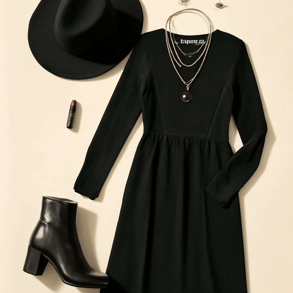 Modern Witch Halloween outfit: black long-sleeve midi dress with wide-brim felt hat, black ankle boots and layered necklaces