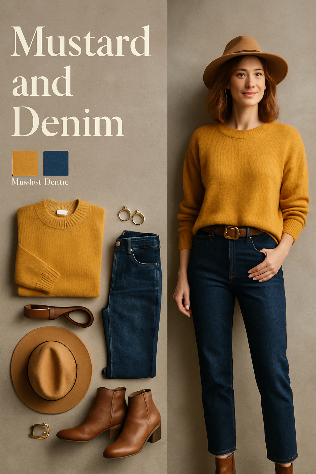 Mustard and denim family photo outfit: mustard sweater with dark-wash jeans, brown ankle boots and felt hat