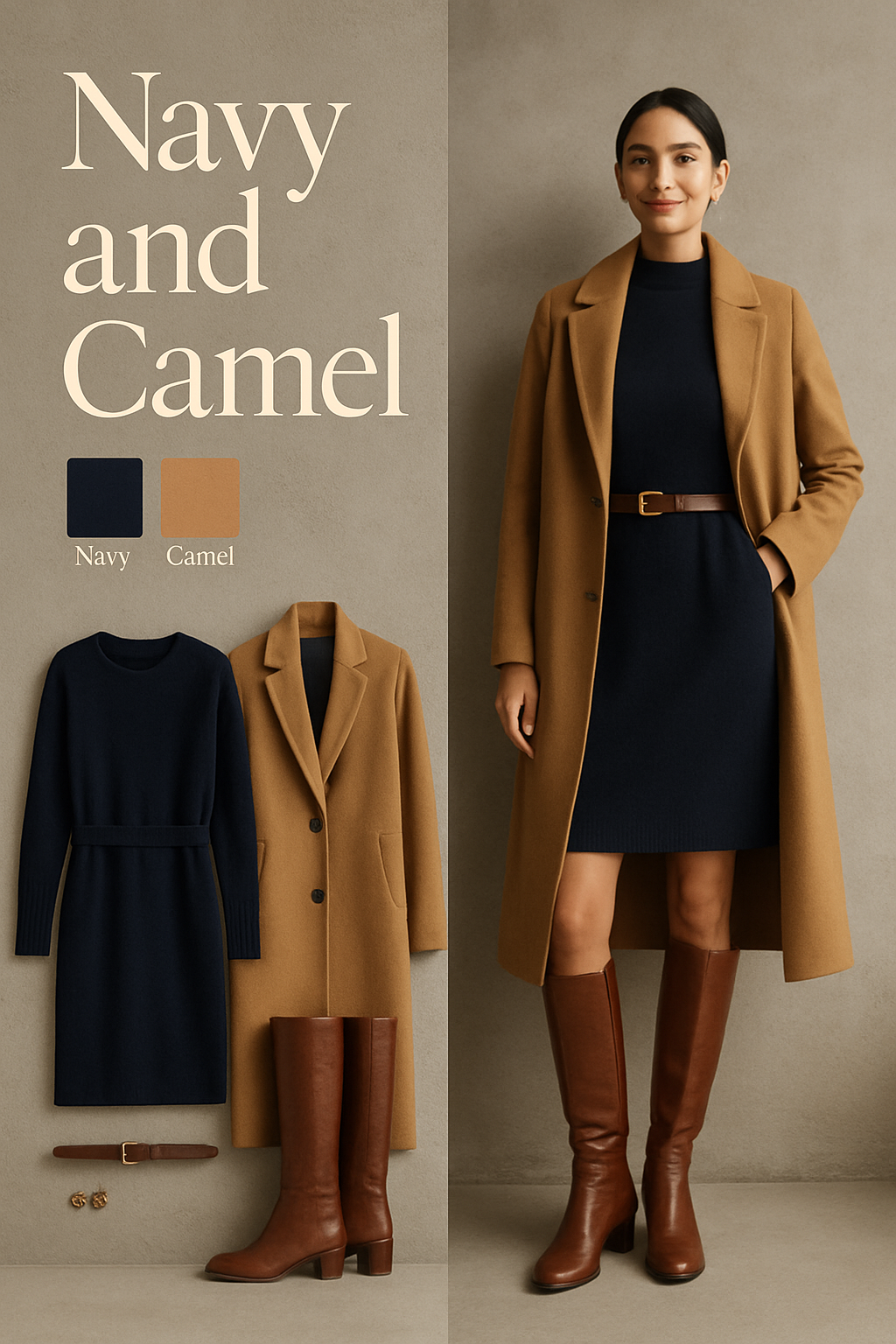Navy and camel family photo outfit: navy sweater dress with camel coat and brown knee-high boots