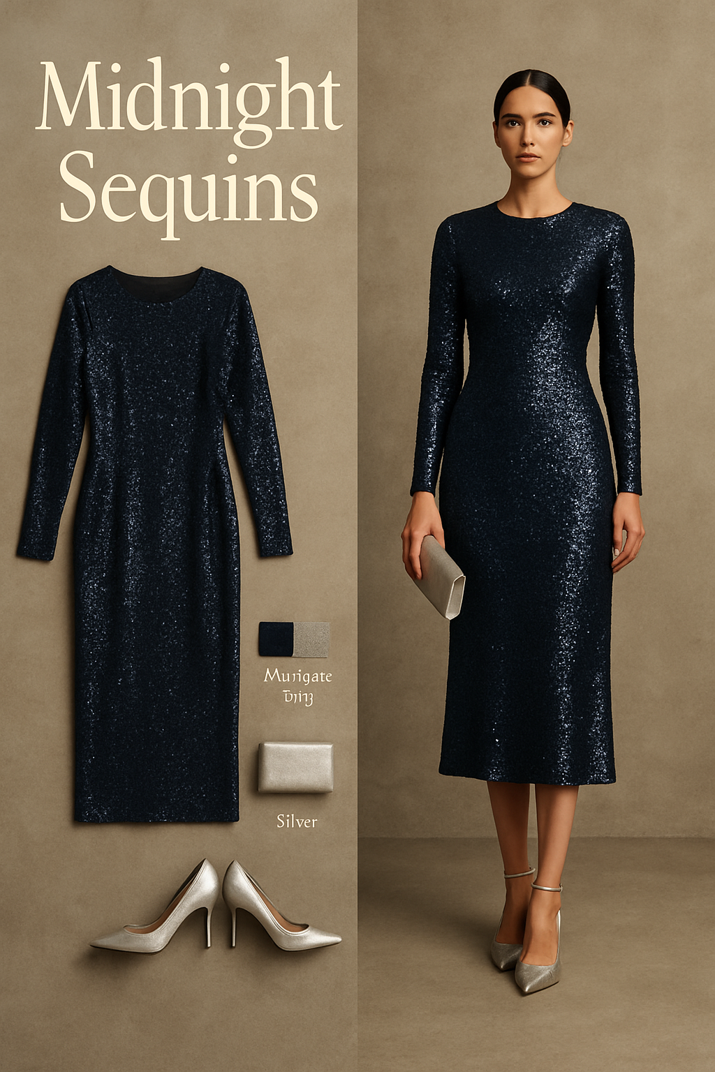 Midnight navy sequin long-sleeve midi dress with silver heels