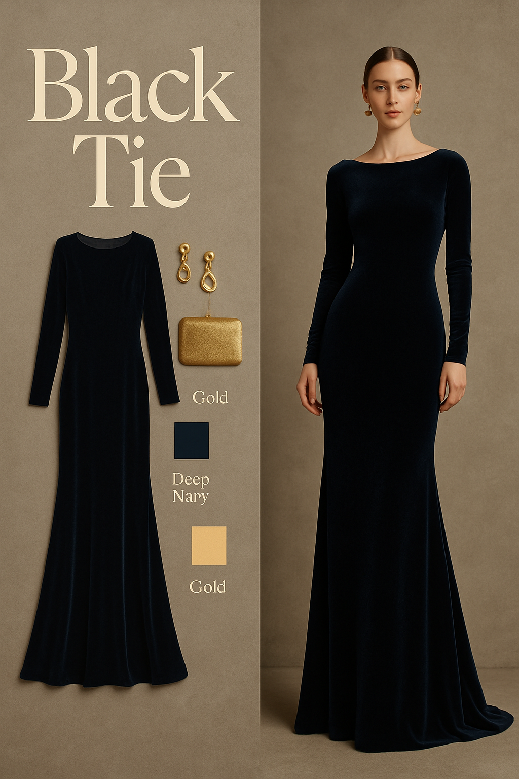 Deep navy velvet floor-length gown for a black-tie winter wedding