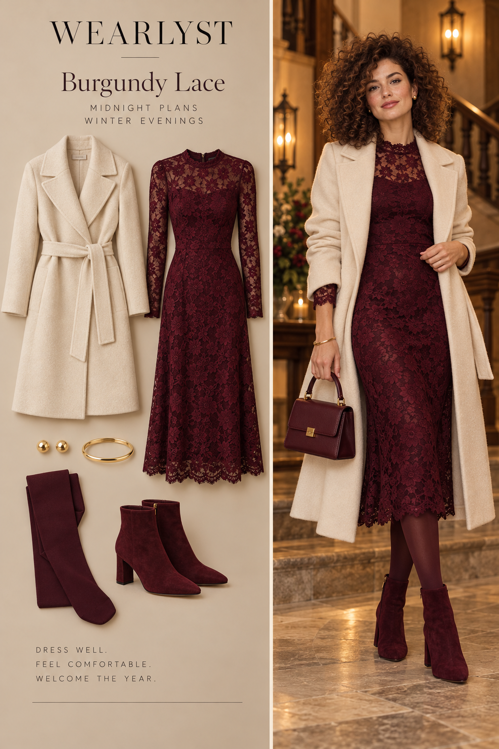 Burgundy Lace outfit with burgundy lined lace long-sleeve midi dress