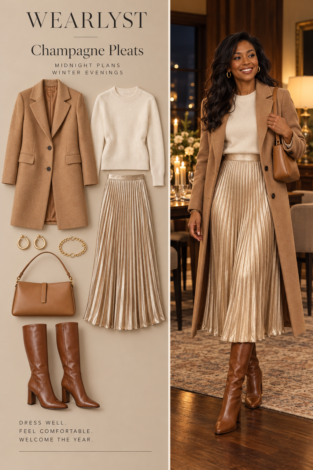 Champagne Pleats outfit with champagne metallic pleated midi skirt