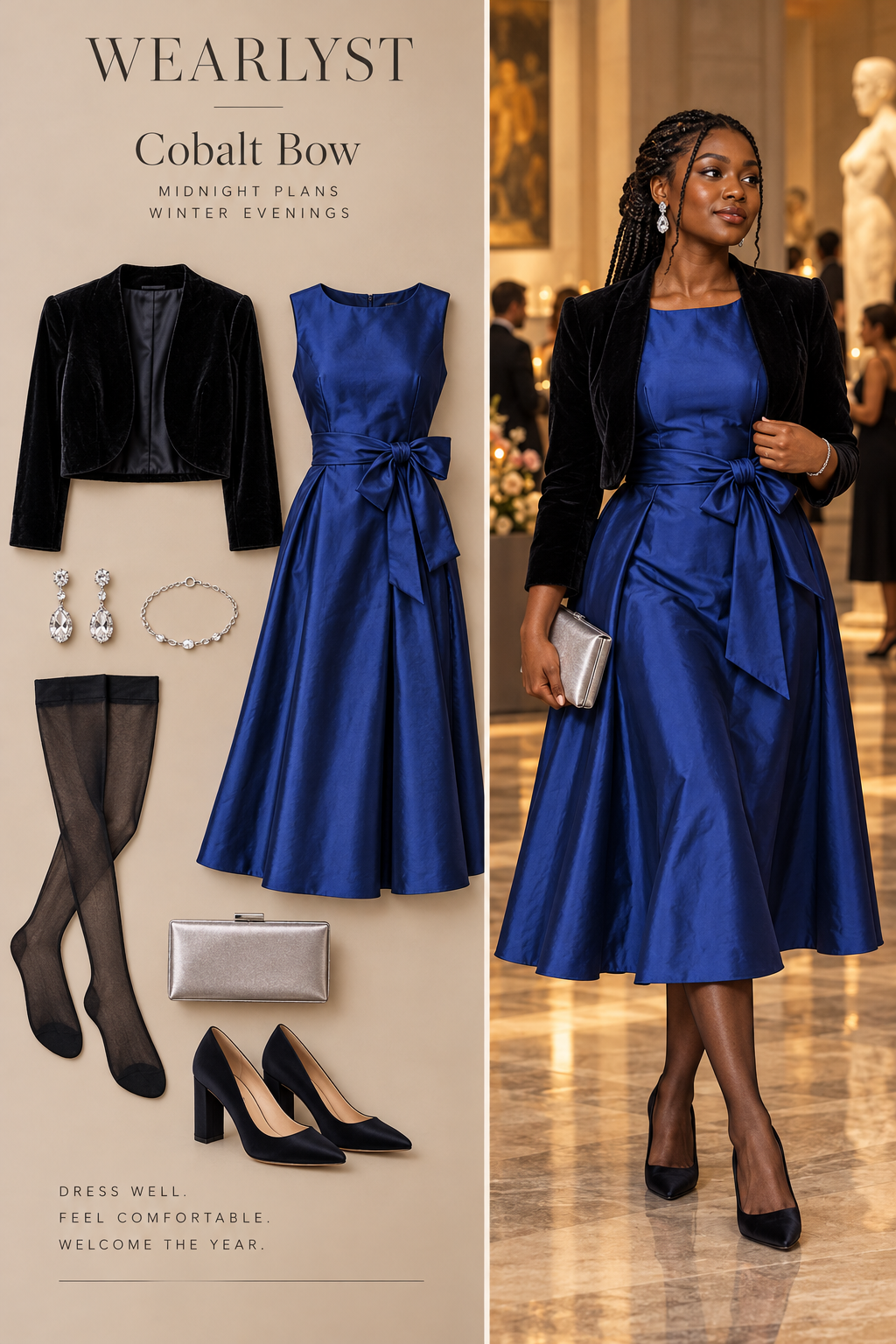 Cobalt Bow outfit with cobalt taffeta sleeveless A-line midi dress with a bow waist