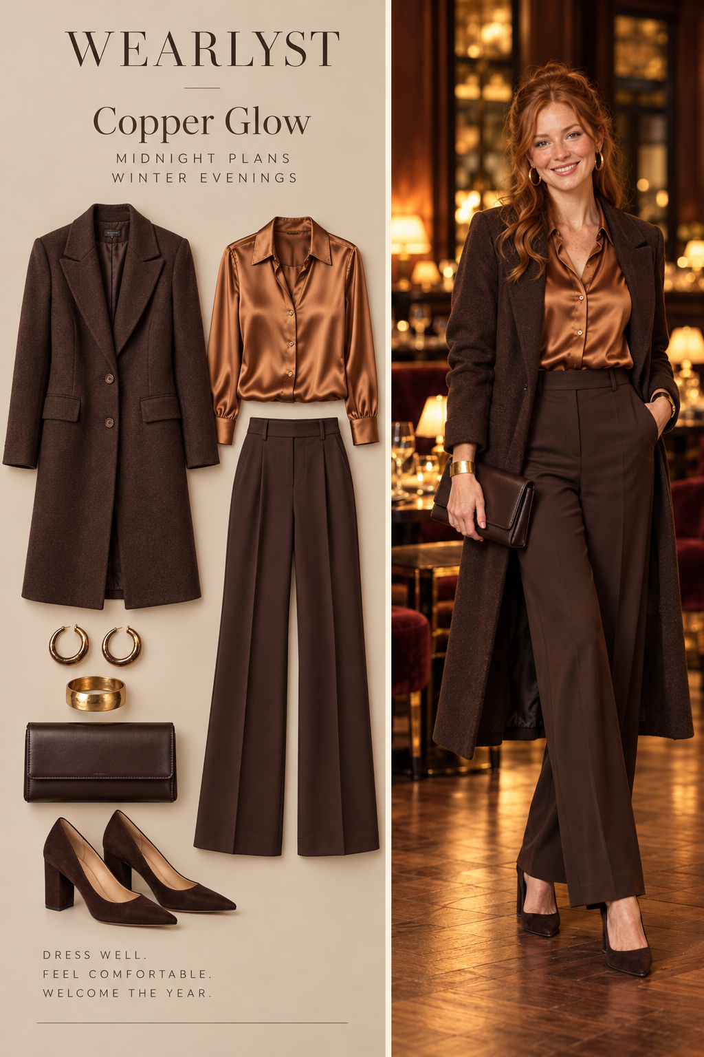Copper Glow outfit with copper satin long-sleeve blouse