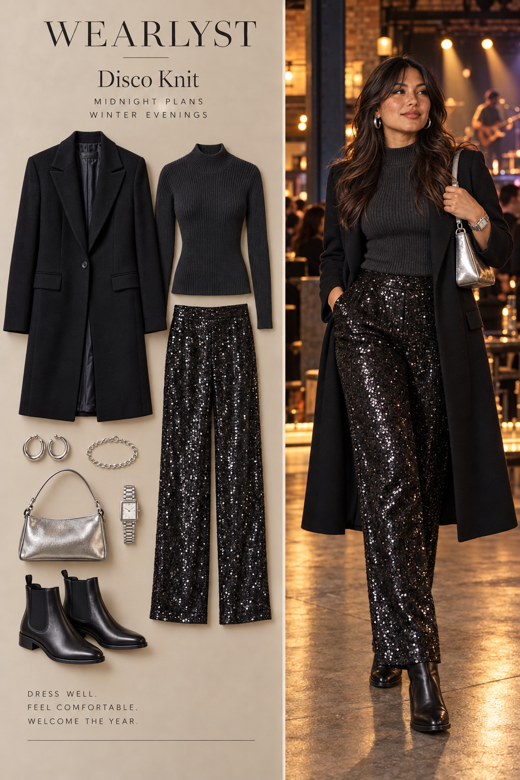 Disco Knit outfit with black sequin straight-leg trousers
