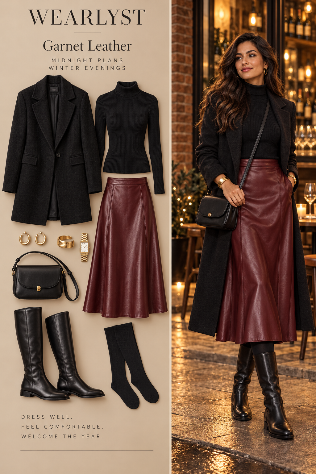 Garnet Leather outfit with black fine-knit turtleneck