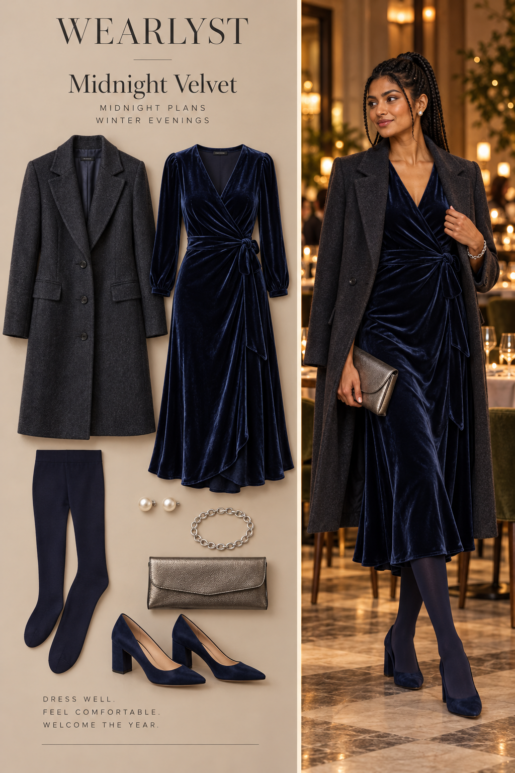 Midnight Velvet outfit with navy velvet wrap midi dress