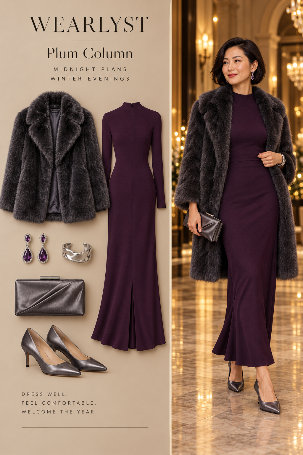 Plum Column outfit with plum crepe long-sleeve column maxi dress with a back walking slit