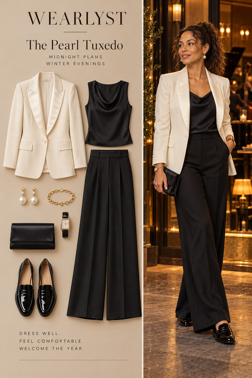 The Pearl Tuxedo outfit with ivory crepe tuxedo blazer with satin lapels