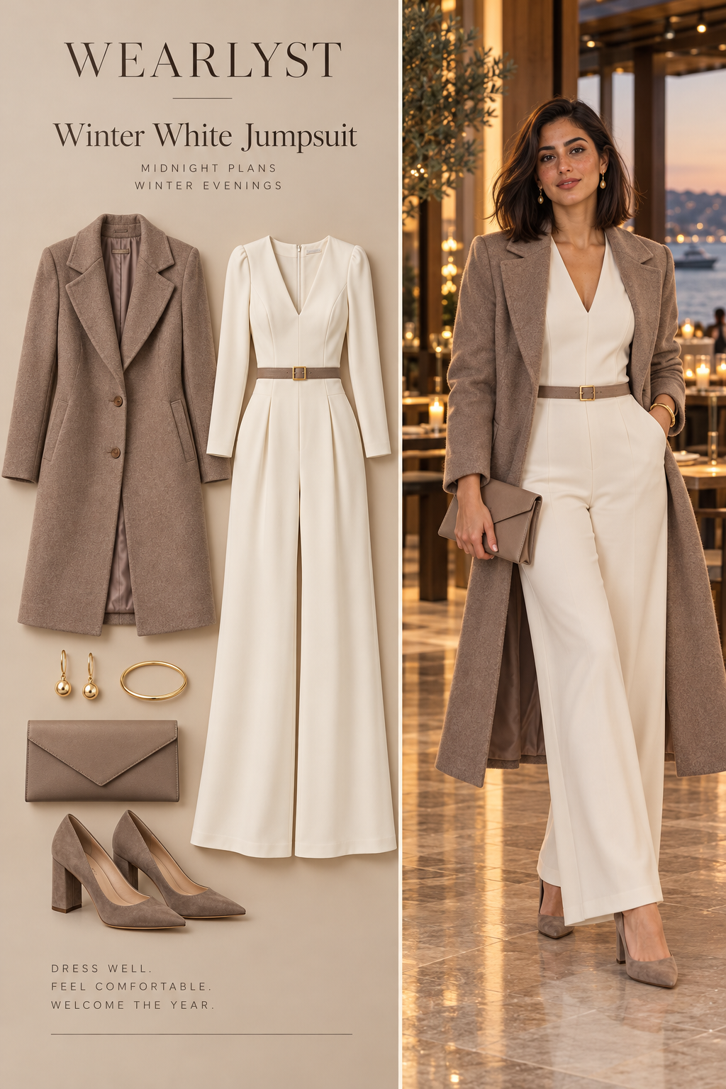 Winter White Jumpsuit outfit with ivory crepe wide-leg long-sleeve jumpsuit
